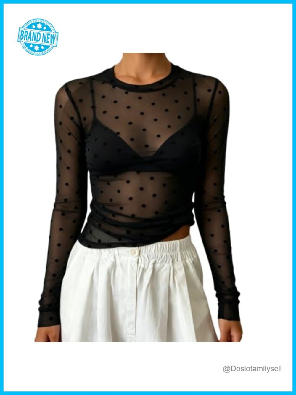 Women Polka Dot Mesh Top Long Sleeve Sheer See Through